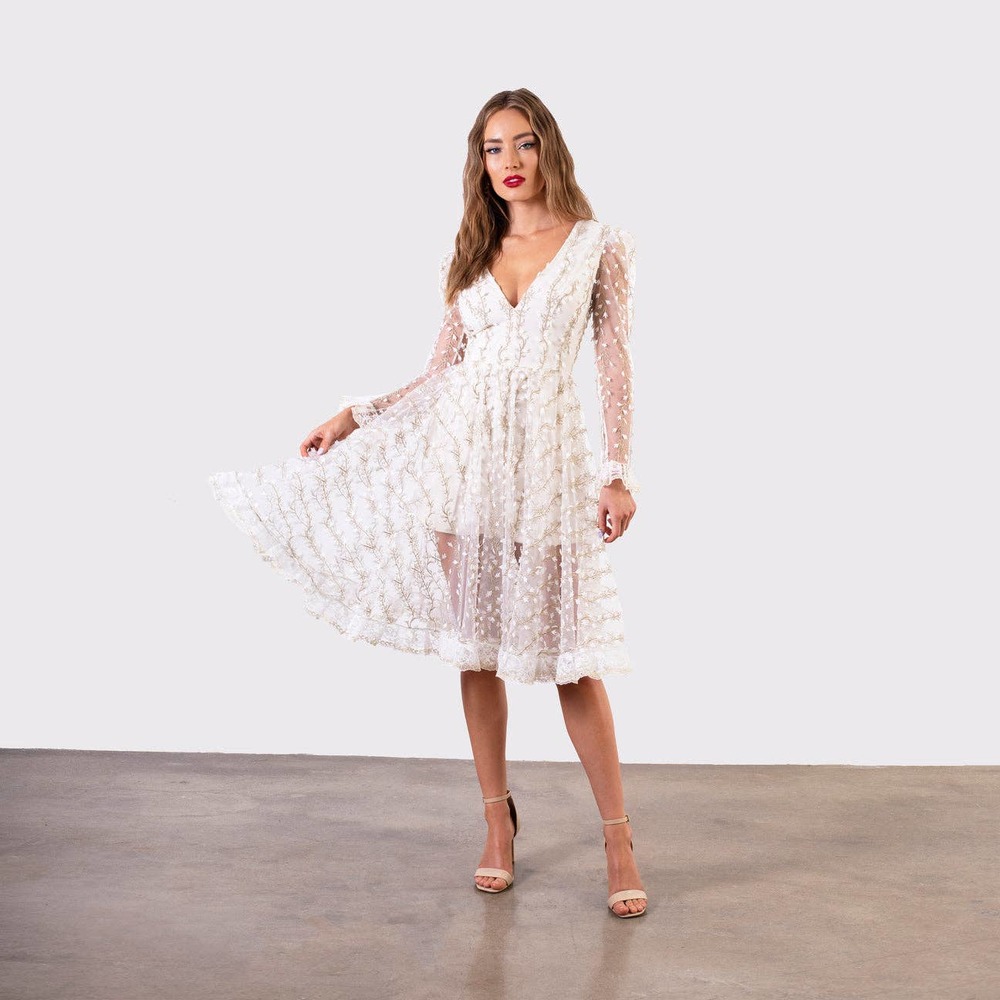 HELSI Ella Off White Long Sleeve Open Back Sheer Plunging Midi Dress Size M